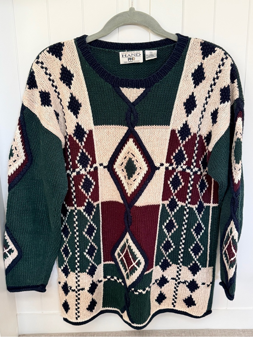 Vintage Hand Knit Geometric Crewneck Sweater - Forest Green, Cream & Burgundy